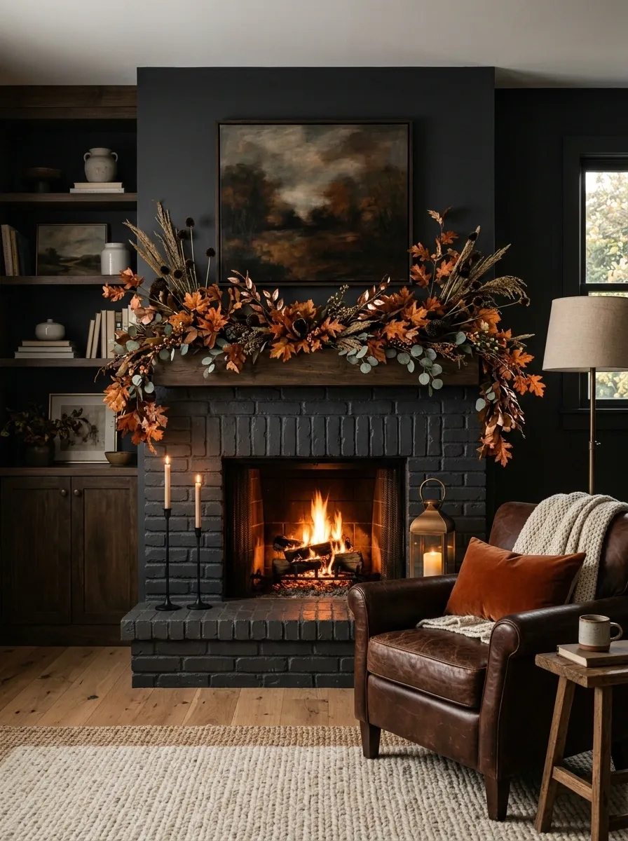 Moody Charcoal Fireplace With Burnt Orange Garland