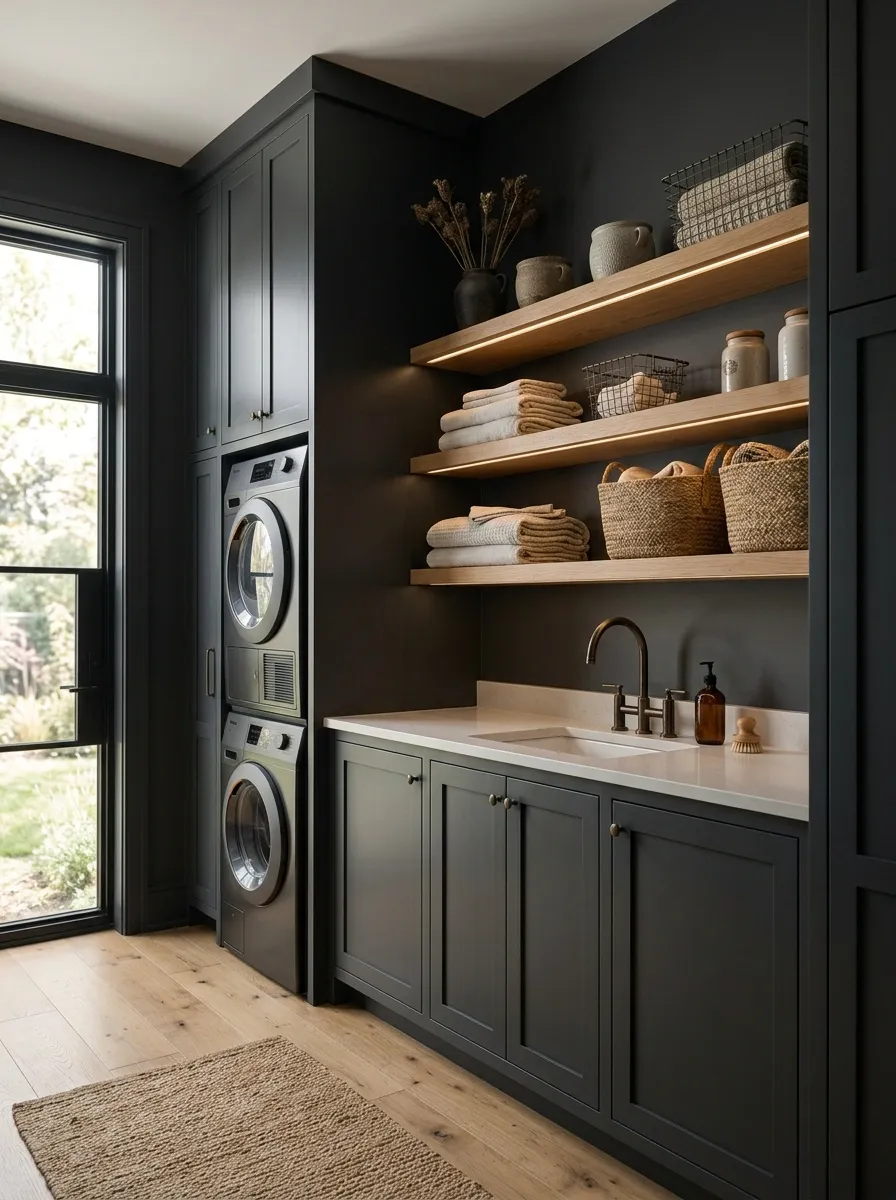 Moody Charcoal Laundry Room With Natural Wood Shelves