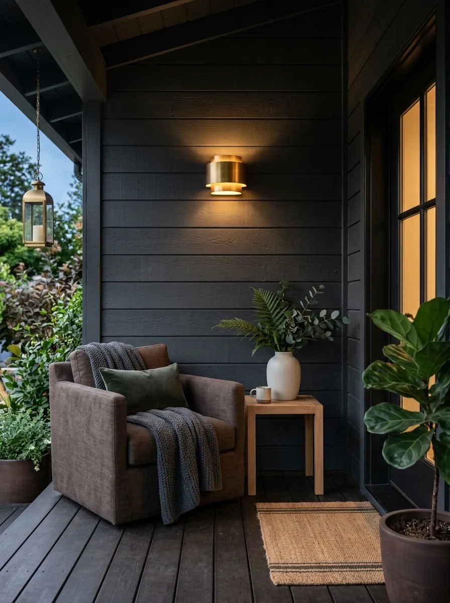 Moody Charcoal Porch With Warm Brass Lighting