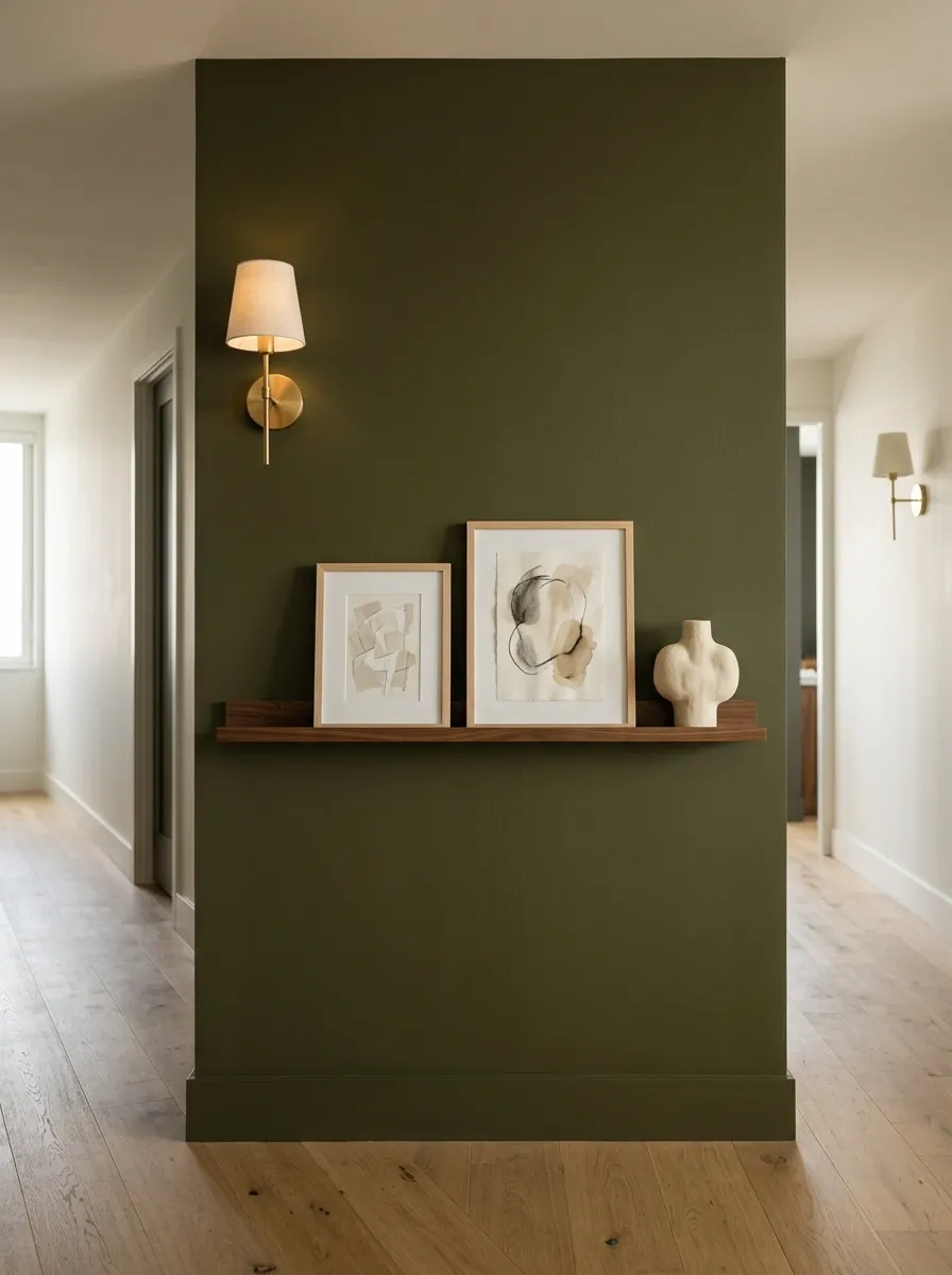 Moody Green Wall With a Walnut Picture Ledge