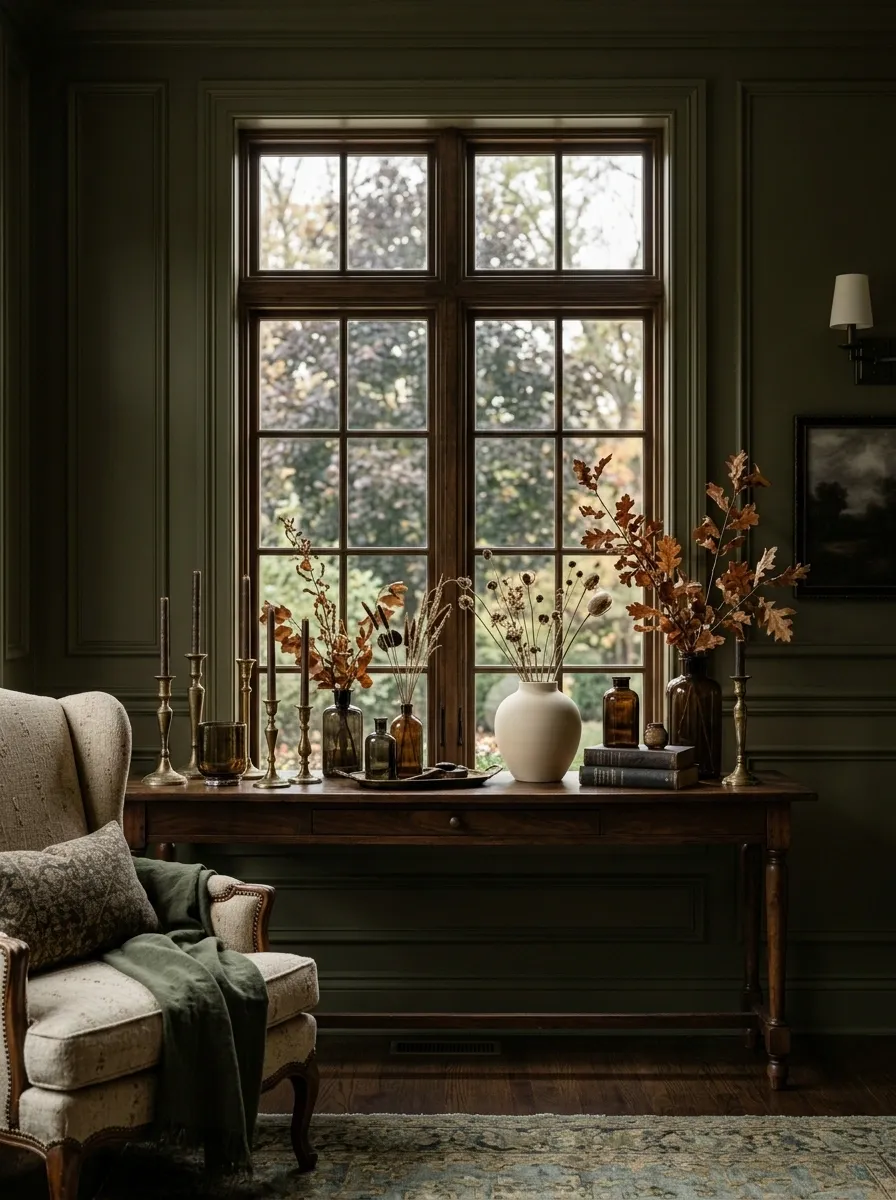 Moody Green Window With Antique Wood