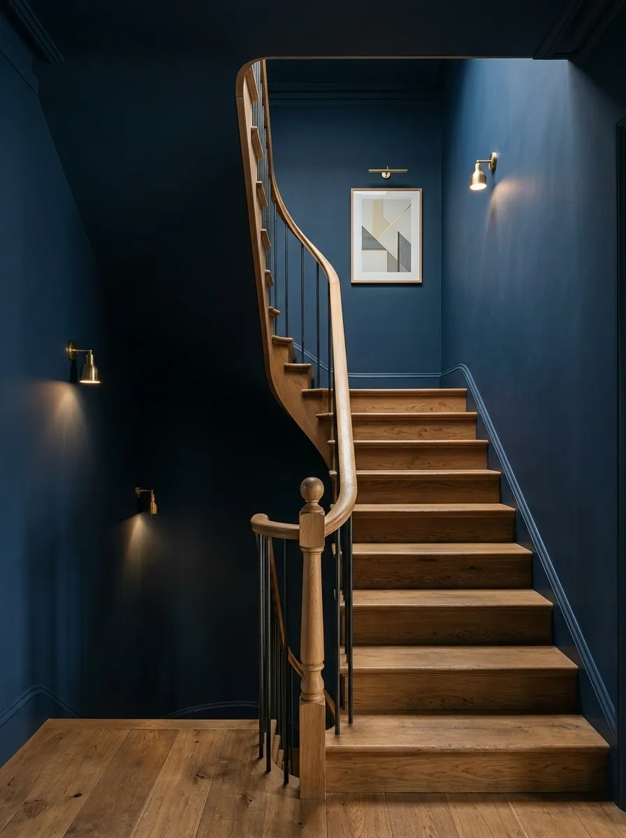 Moody Navy Staircase With Warm Wood Details