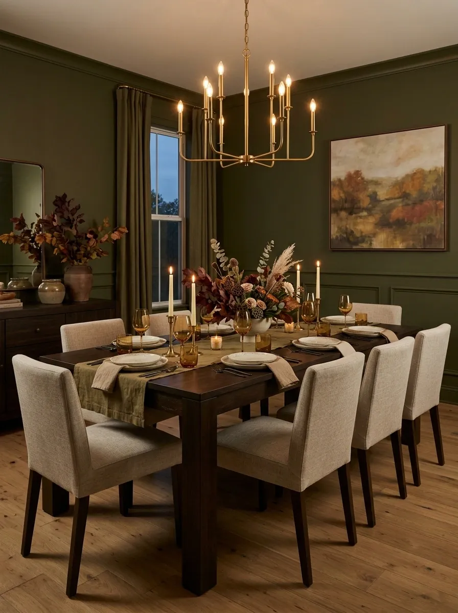 Moody Olive Dining Room With a Candlelit Autumn Tablescape