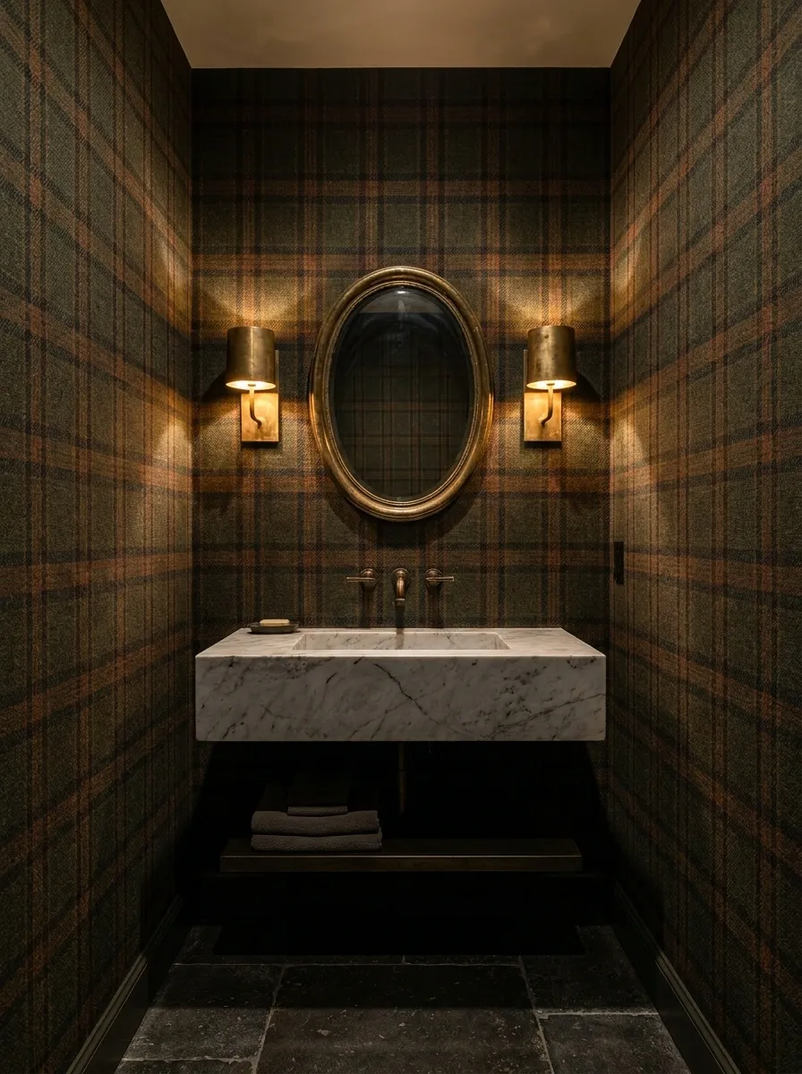 Moody Plaid Wallpaper in a Small Powder Room