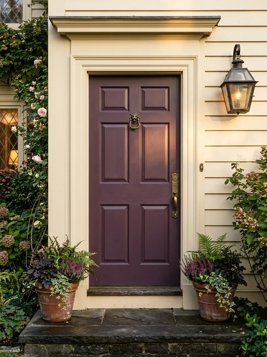 Moody Plum Door With Traditional Hardware