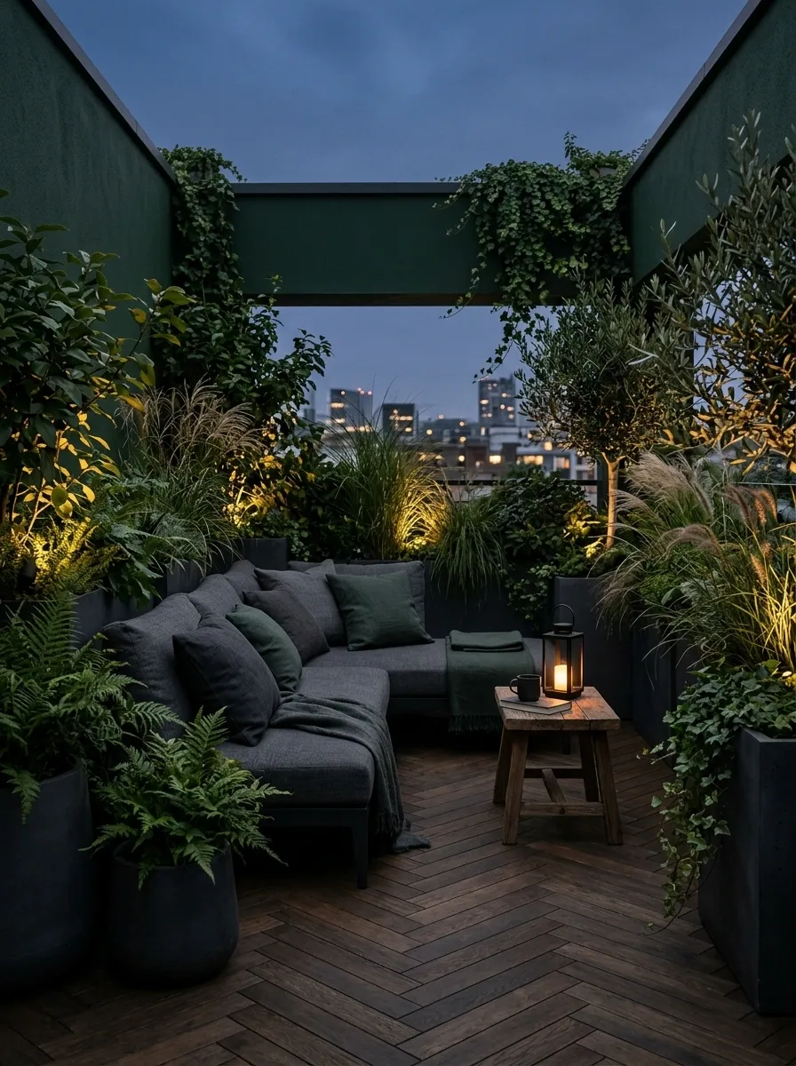 Moody Rooftop Garden With Deep Green and Charcoal Finishes
