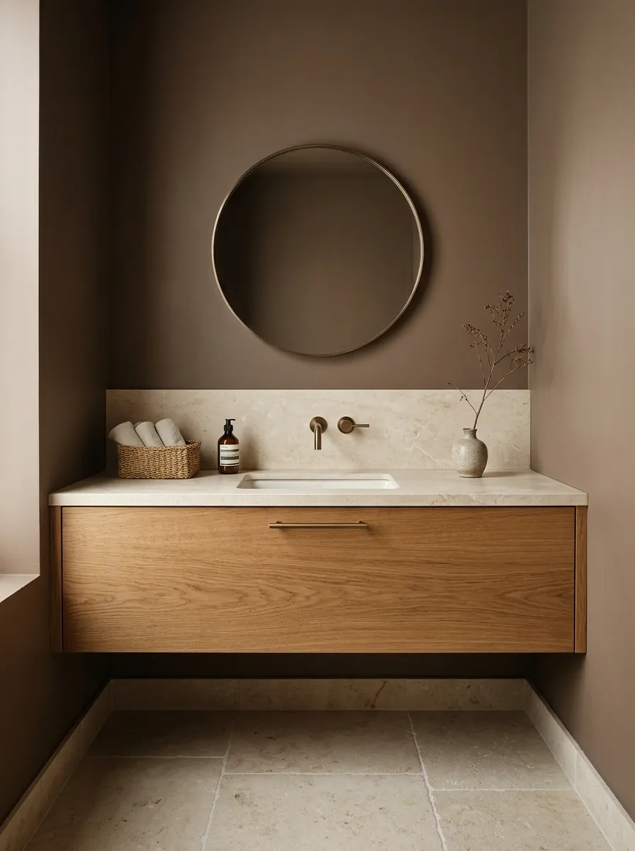 Mushroom Brown Bathroom With Limestone and Bronze