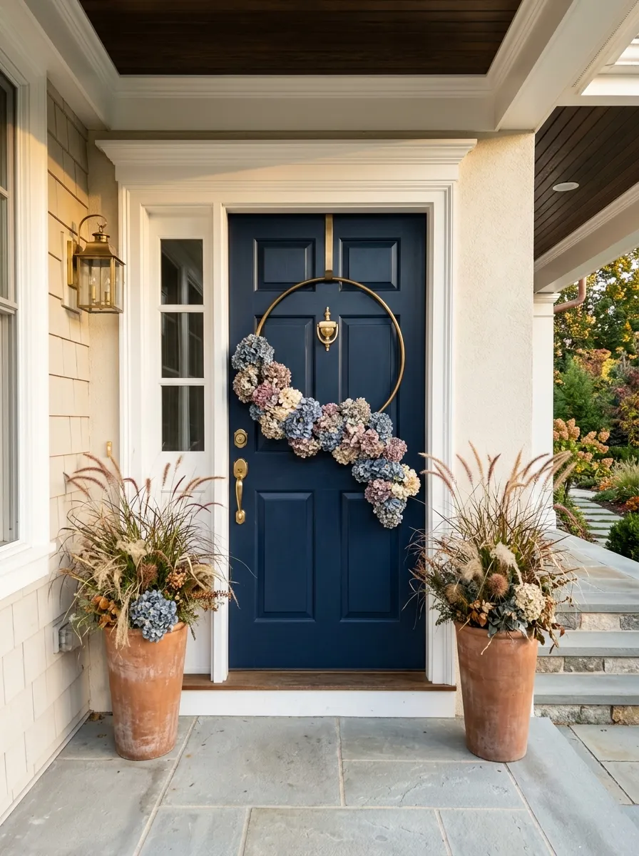Muted Brass Hoops with Dried Hydrangea Cascades