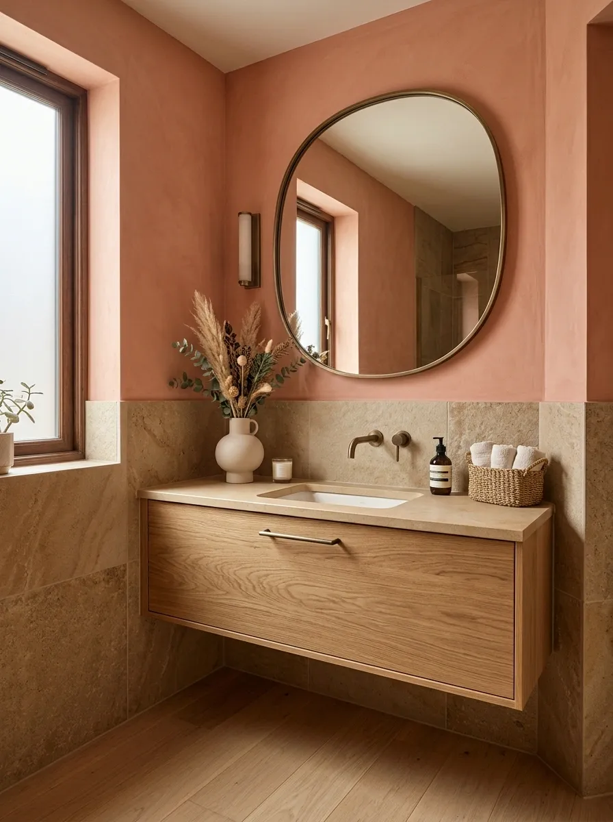 Muted Coral Bathroom With Sandstone and Natural Oak