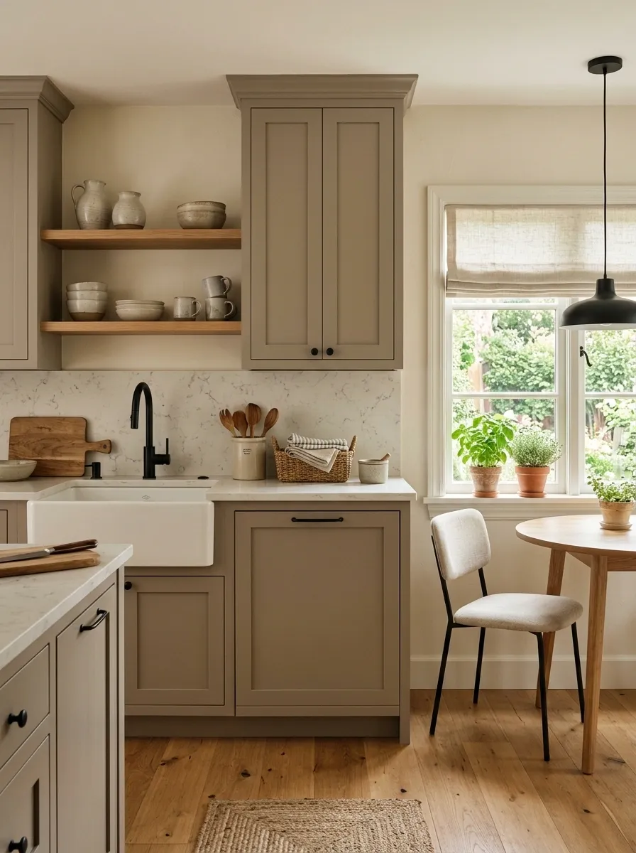 Muted Mushroom Kitchen With Soft Black Accents