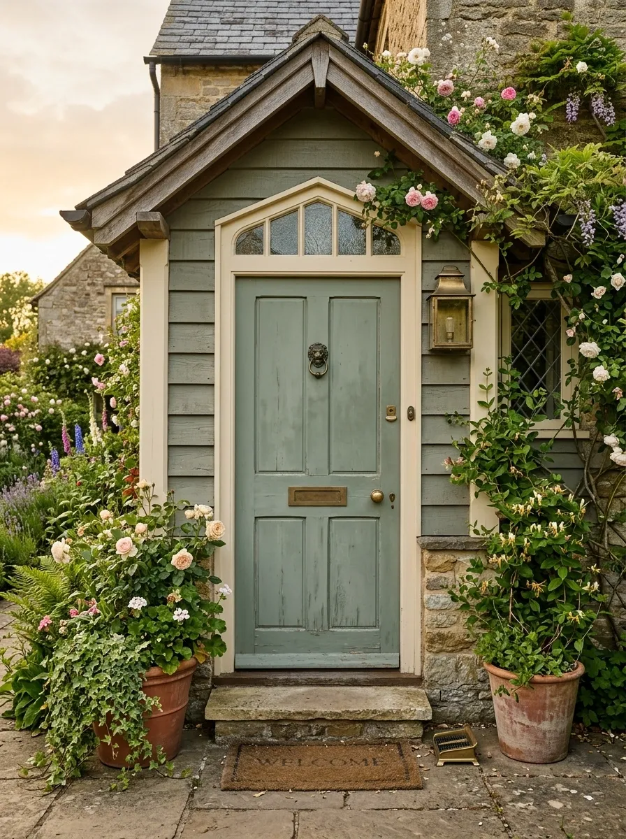 Muted Sage Door With Cottage Planting
