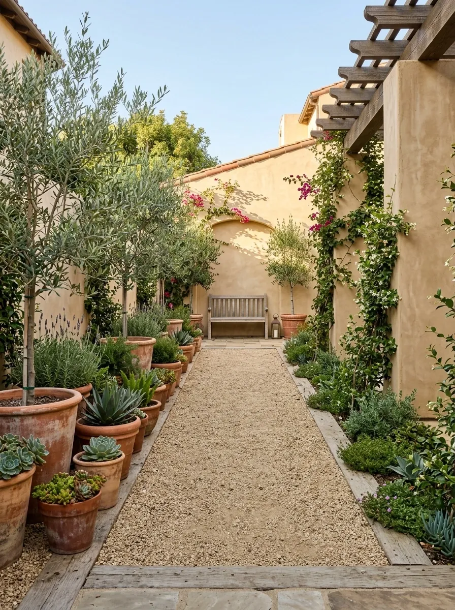 Narrow Backyard With a Long Mediterranean-Style Border
