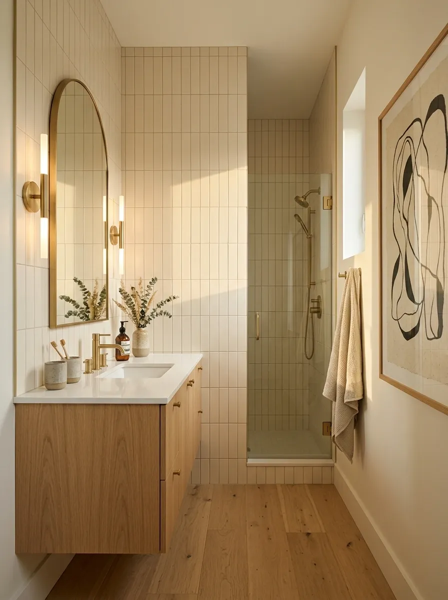 Narrow Bathroom With Vertical Tile and Tall Artwork