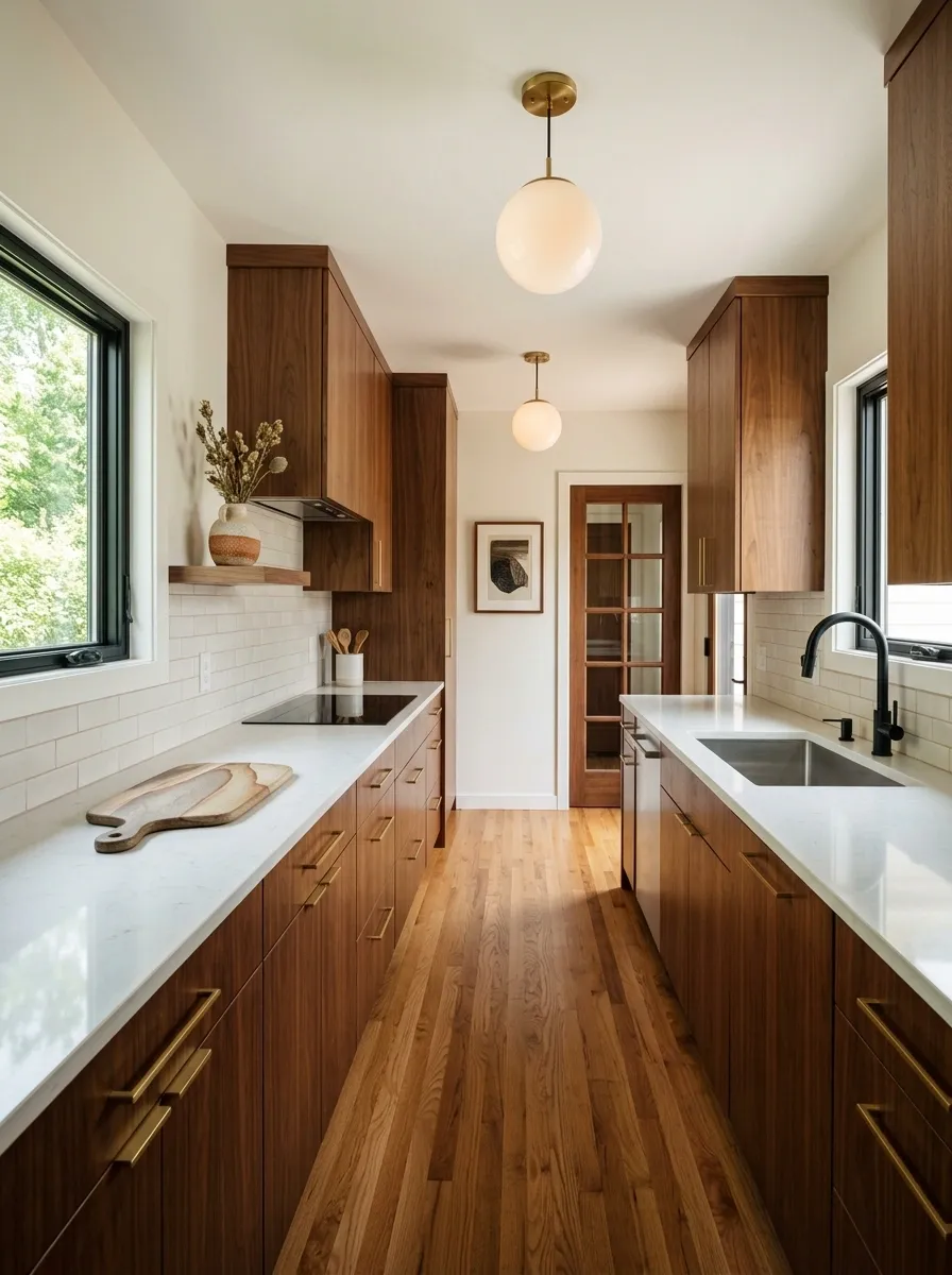 Narrow Galley Kitchen With Walnut Cabinetry and Soft White Tile