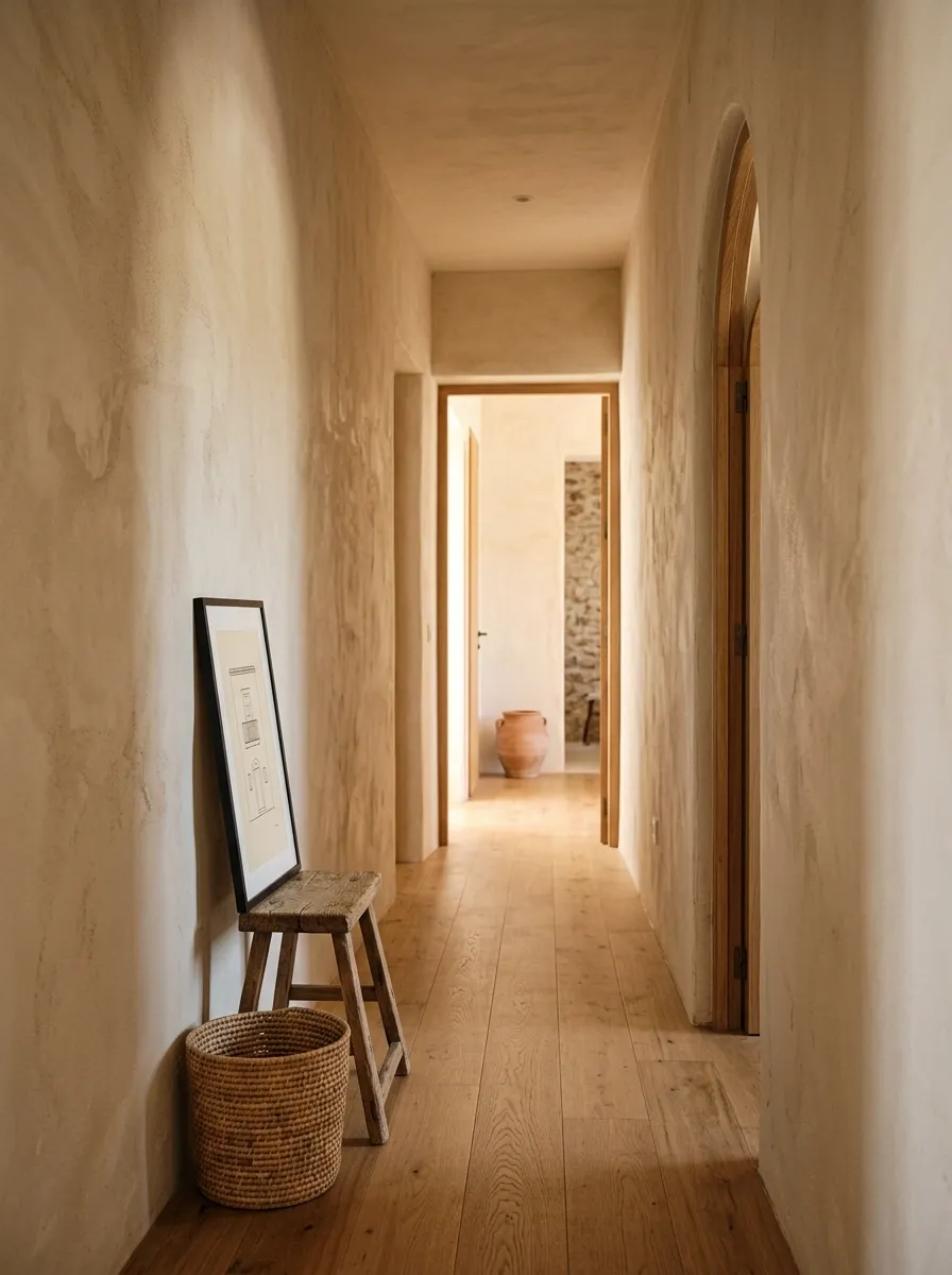 Narrow Mediterranean Hall With Textured Plaster and Wood Stool
