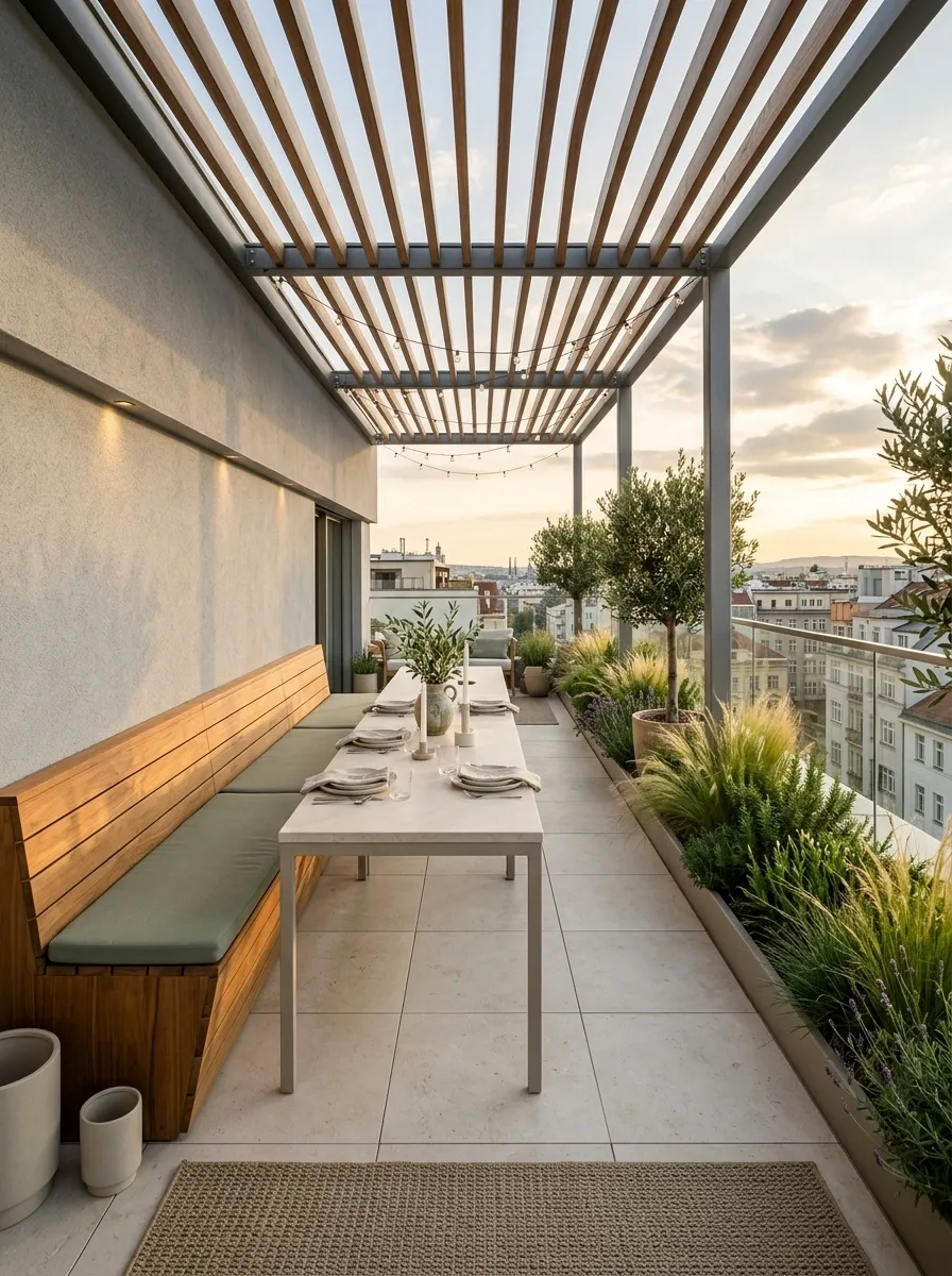 Narrow Rooftop Dining Terrace With a Long Built-In Bench