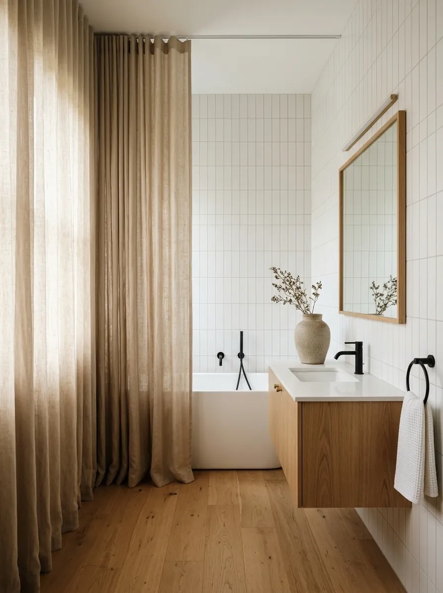 Narrow White Bathroom With Ceiling-Height Neutral Curtain