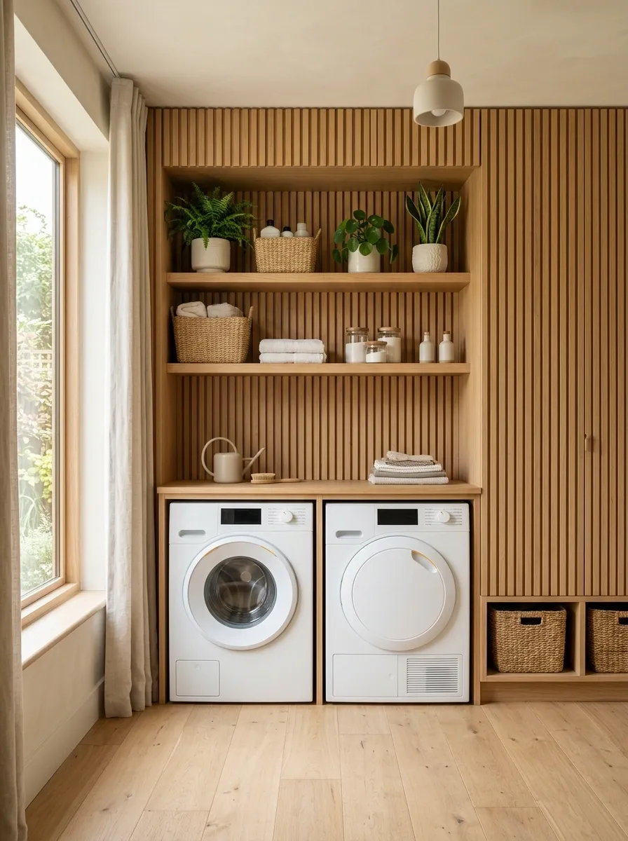 Natural Laundry Room With Slatted Wood Shelving and Plants