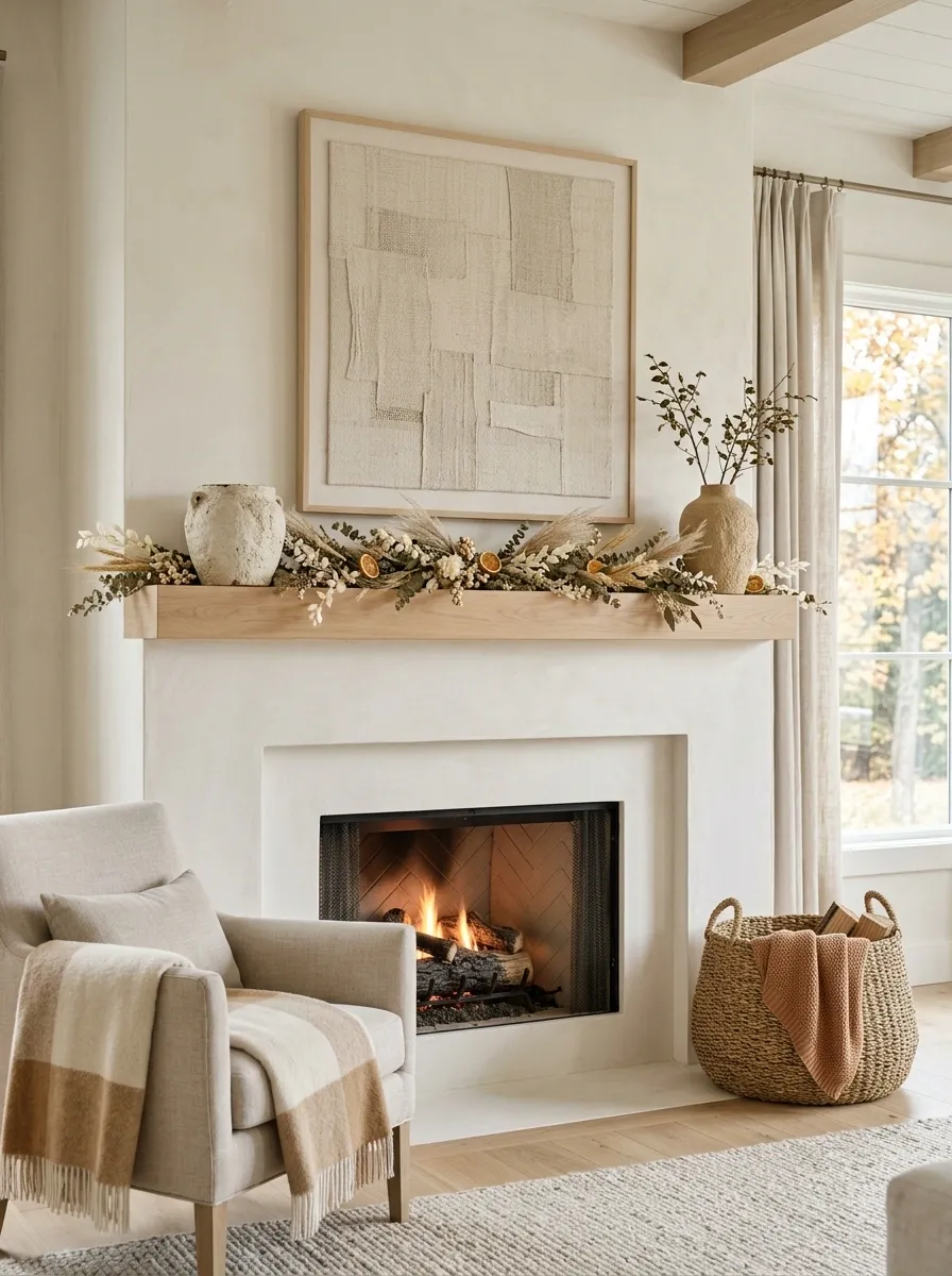 Natural Linen Mantel With Wheat and Dried Citrus