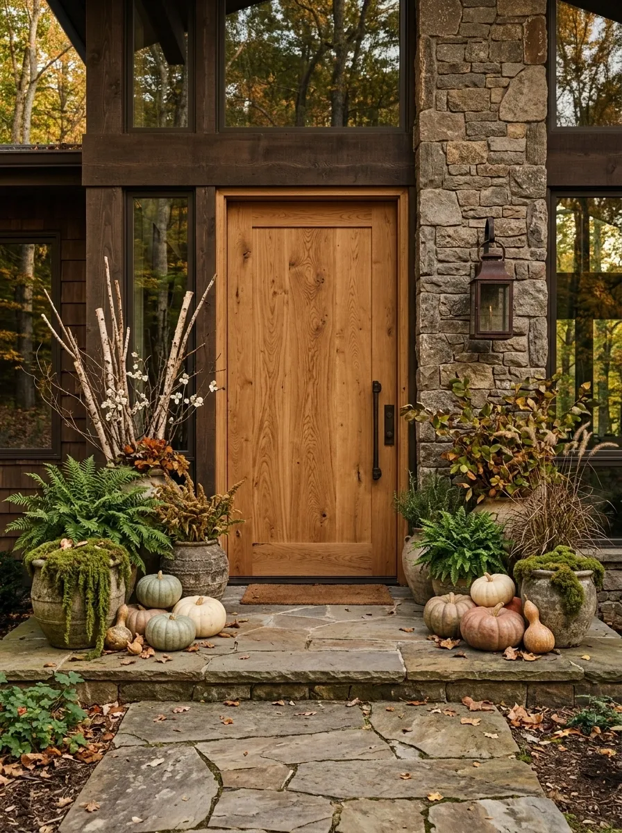 Natural Wood Door With Fern, Moss, and Muted Pumpkin Tones