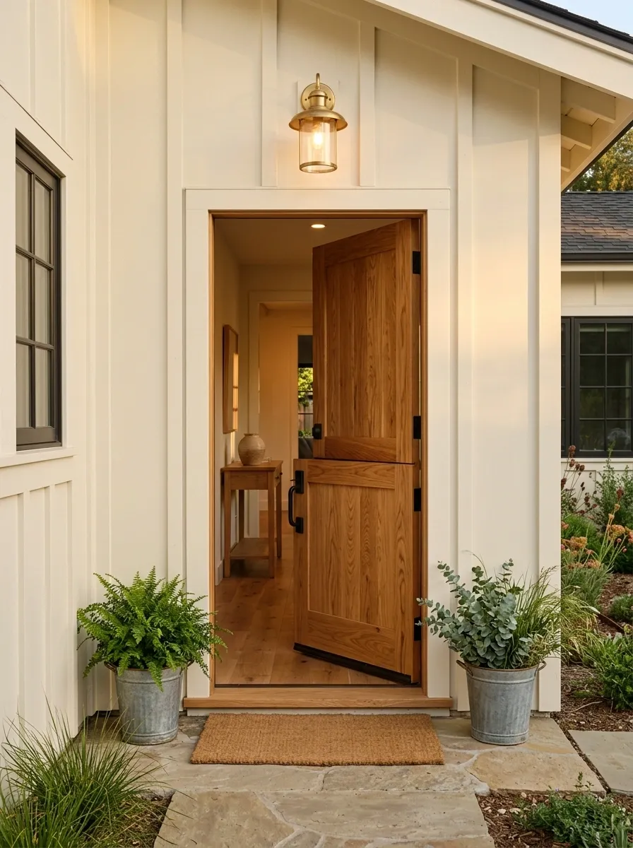 Natural Wood Dutch Door With Farmhouse Entry