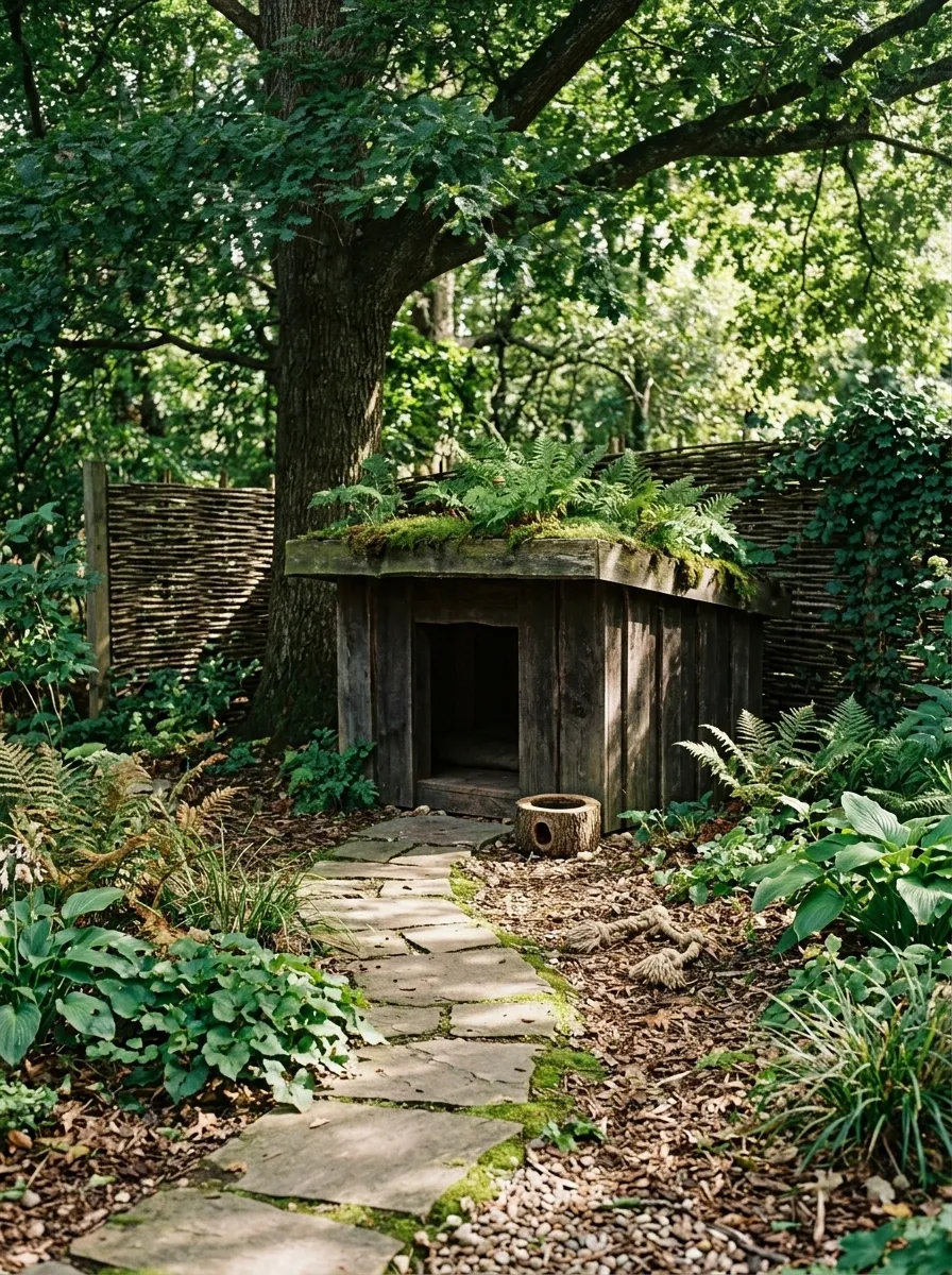 Natural Woodland Dog Corner With Timber Shelter
