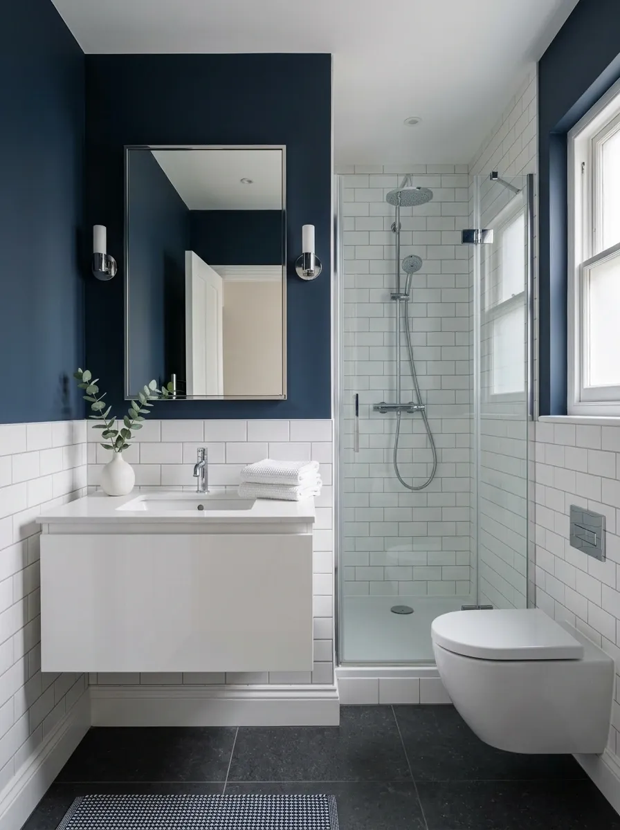 Navy Blue Bathroom With Crisp White Architecture