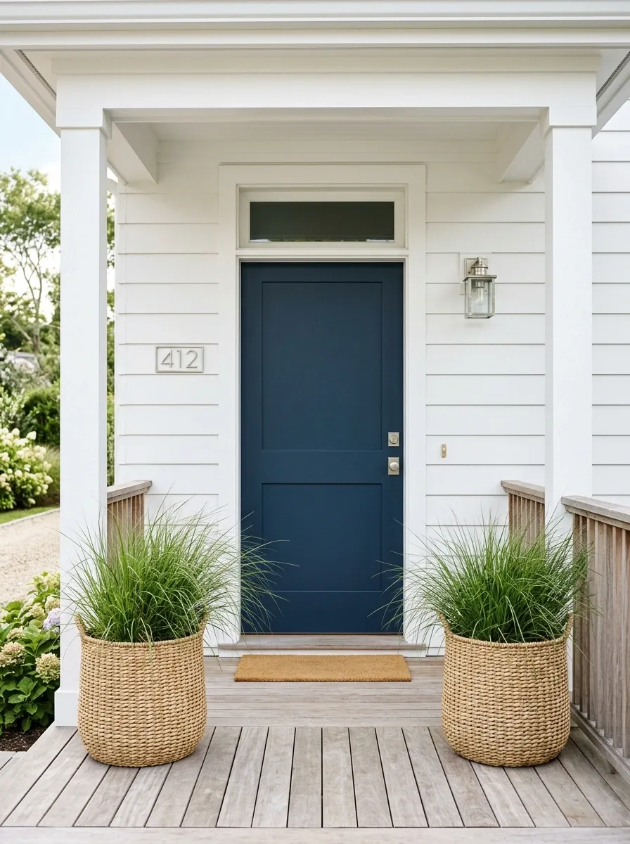 Navy Door With a Crisp Coastal Porch