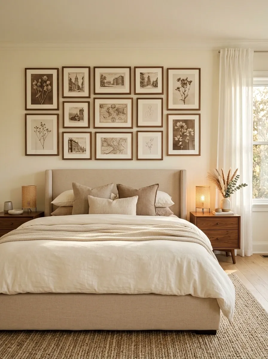 Neutral Bedroom With Layered Sepia Botanical and Architectural Posters
