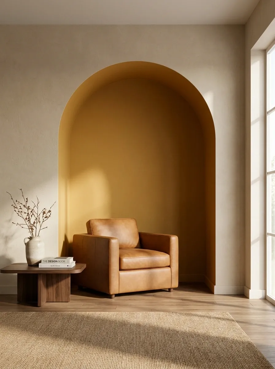 Ochre Color-Blocked Archway over a Reading Nook