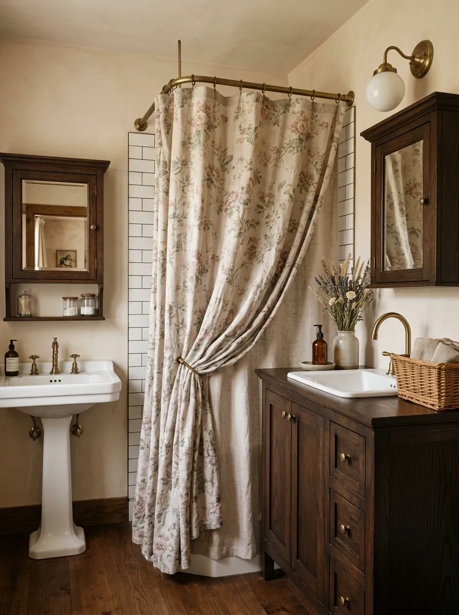 Old-House Bathroom With Romantic Floral Curtain and Dark Wood