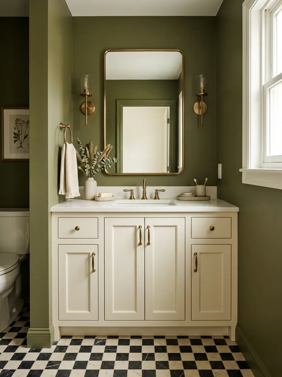 Olive Bathroom With Checkerboard Floor and Cream Vanity