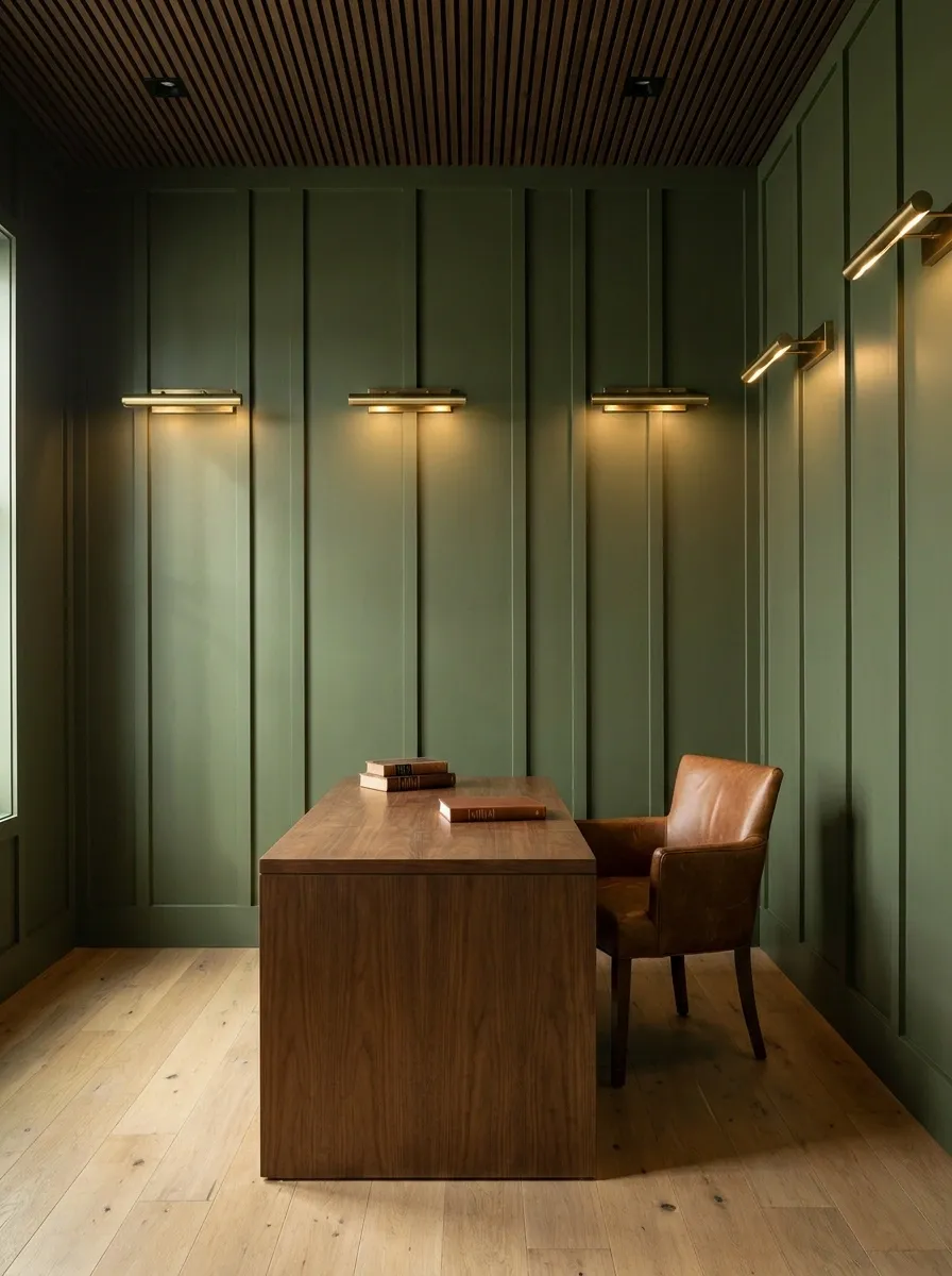 Olive Green Board and Batten with Brass Picture Lights