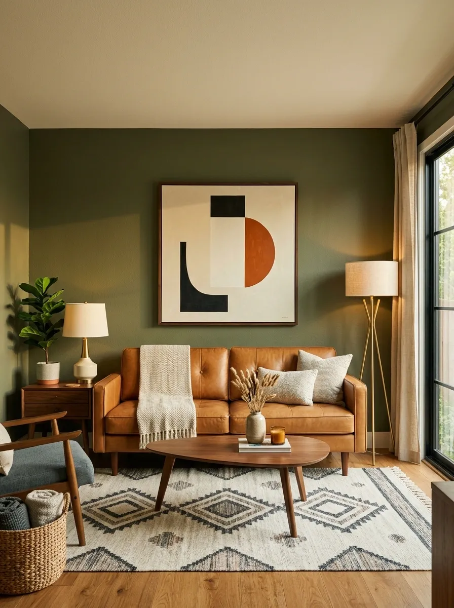 Olive Green Mid-Century Living Room With Caramel Leather Seating