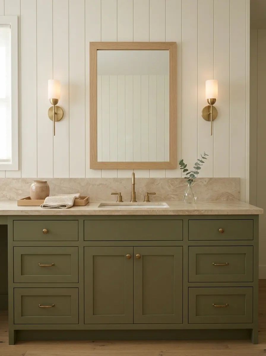 Olive Green Vanity With Warm Stone
