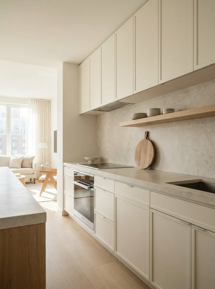 One-Wall Kitchen With a Visually Enlarging Continuous Backsplash