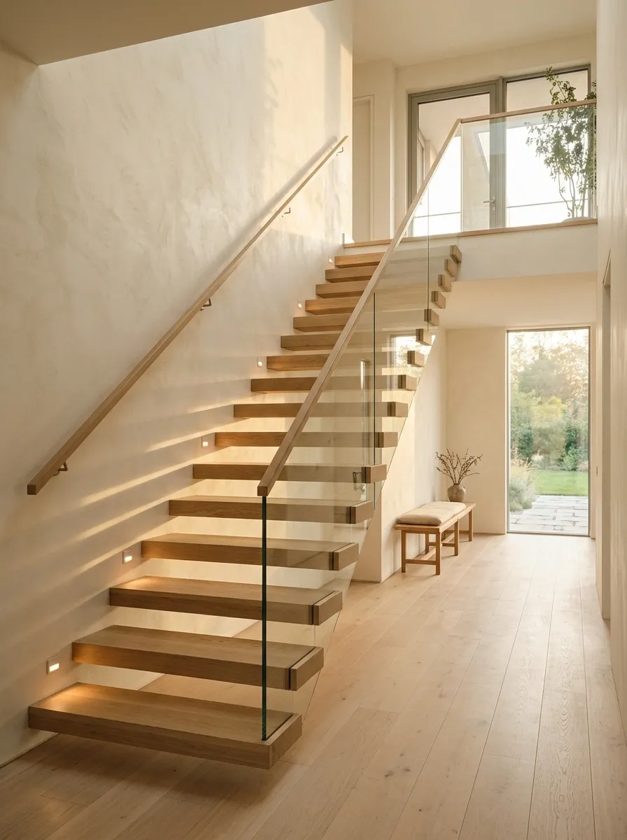 Open-Riser Oak Staircase With Floating Wall Lighting
