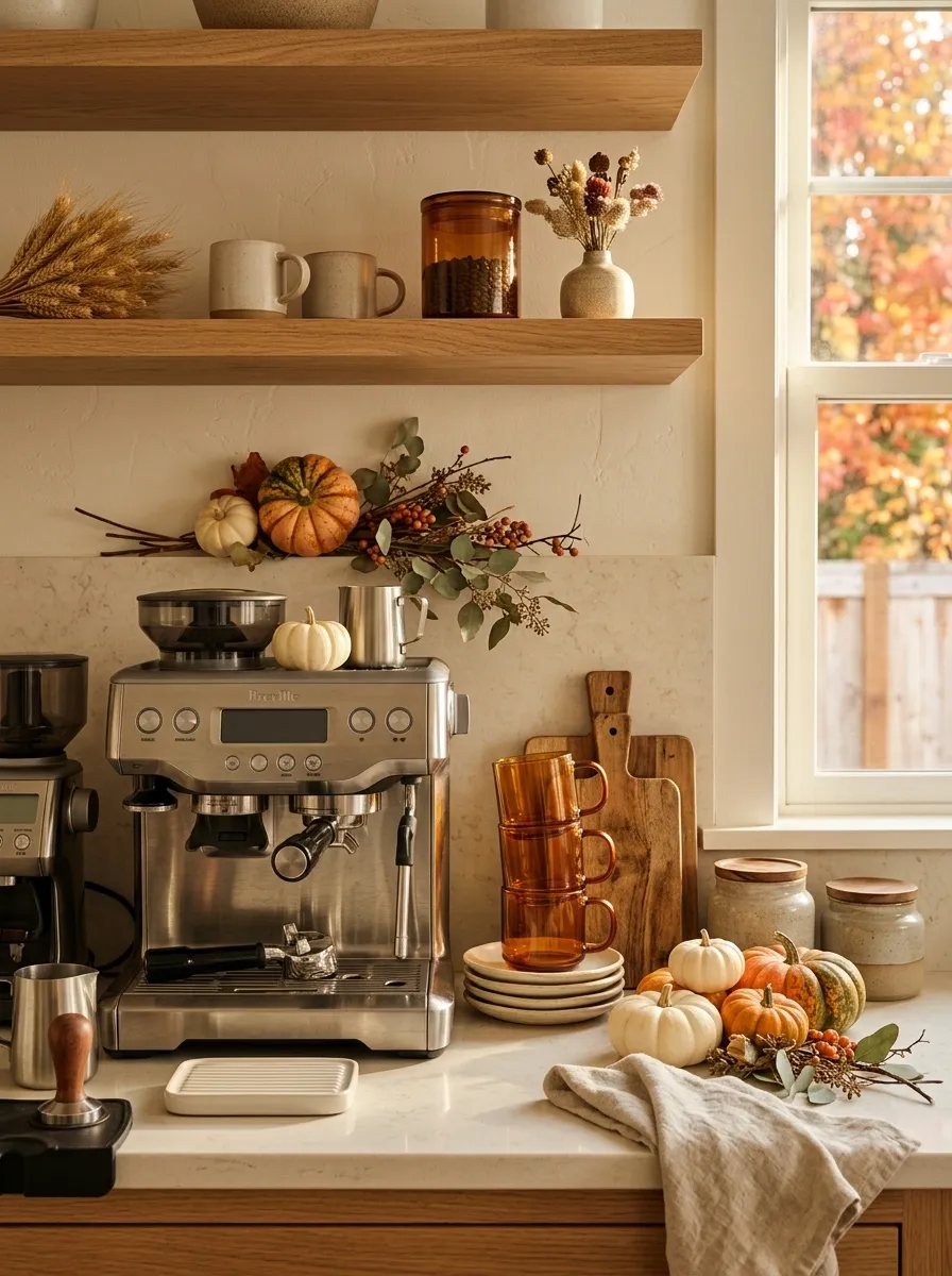 Open Shelf Coffee Corner With Autumn Layers