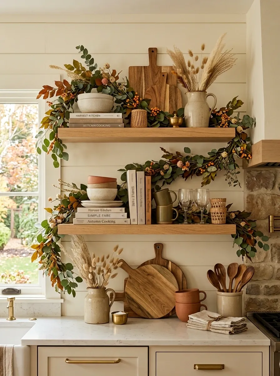 Open Shelving Wrapped in Loose Harvest Greenery