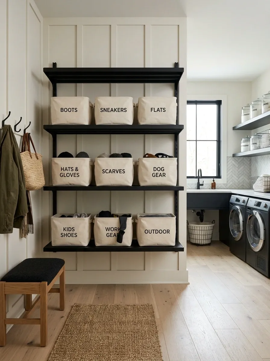 Open Steel Shelving With Canvas Bins
