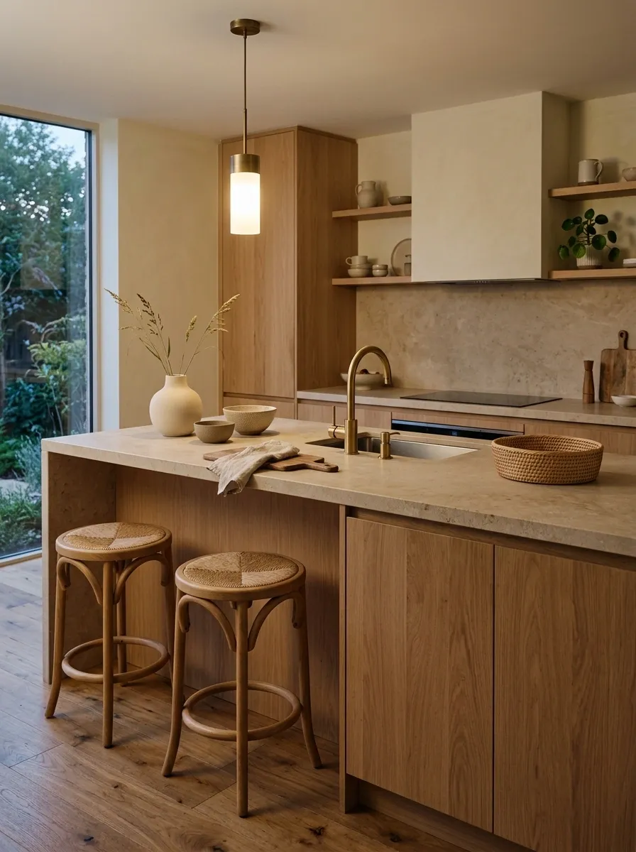 Organic Modern Kitchen With Warm Limestone, Oak, and Soft Lighting