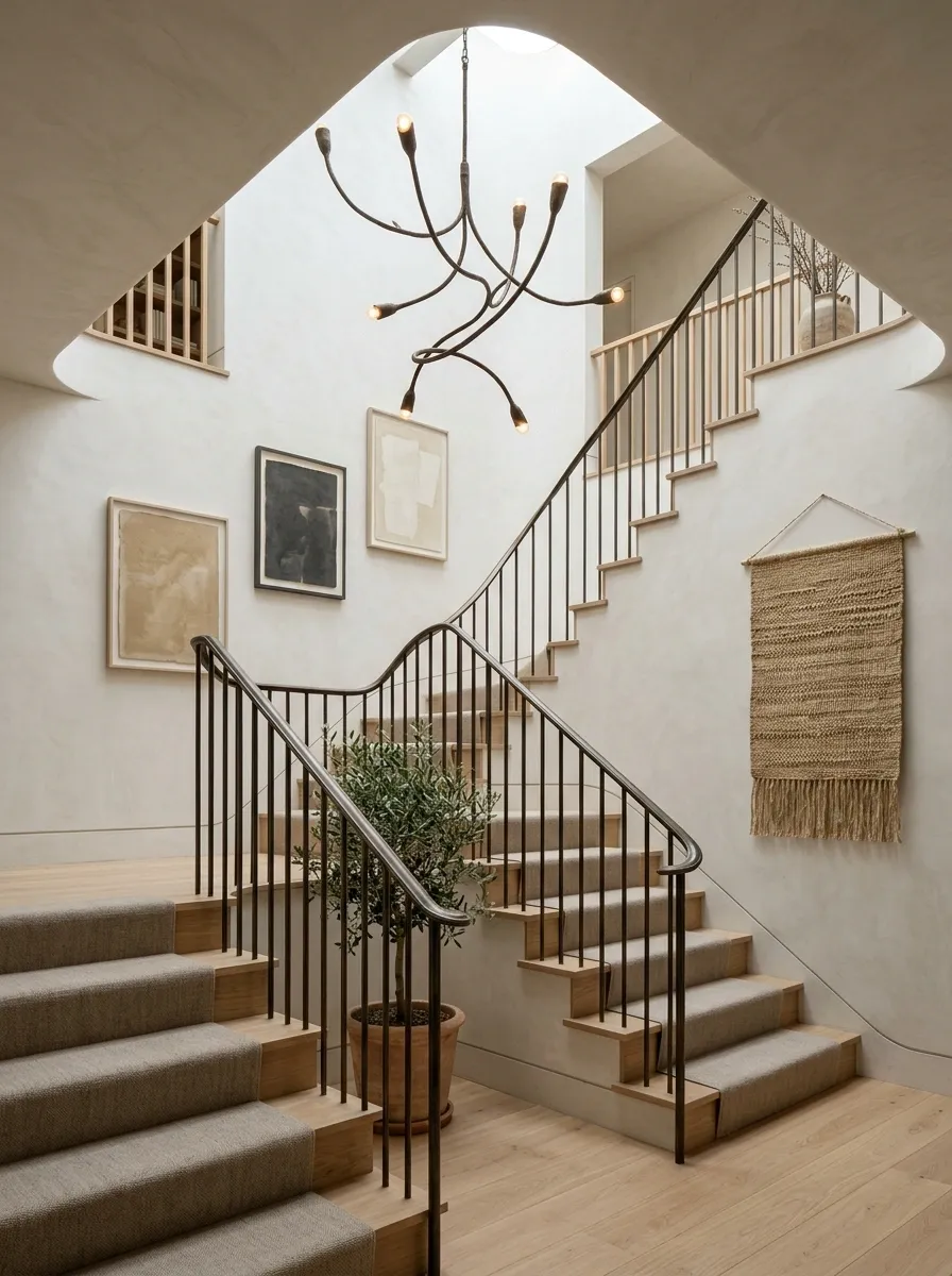 Organic Modern Staircase With Sculptural Branch Lighting
