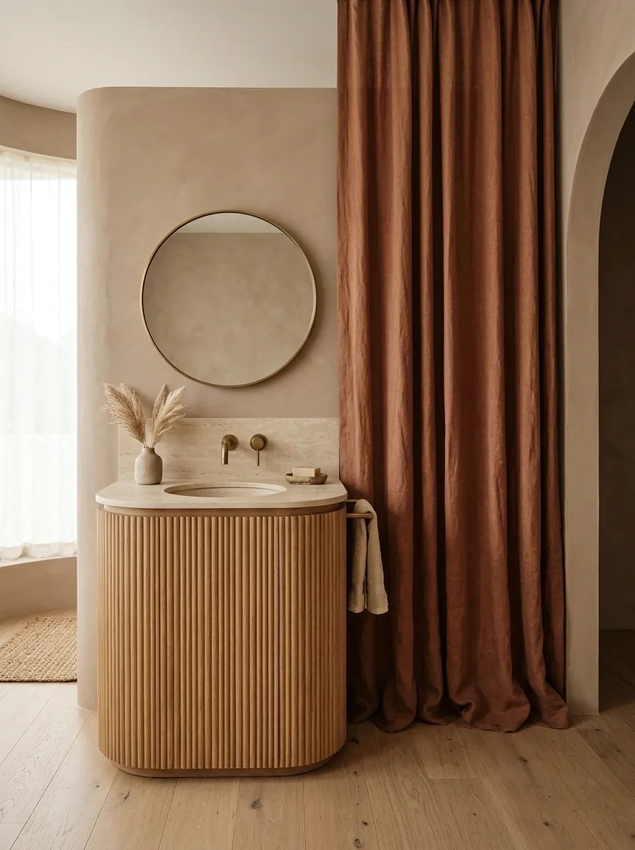 Organic Small Bathroom With Clay-Tone Curtain and Travertine Look