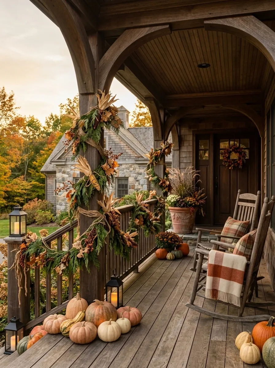 Outdoor Covered Porch With Rustic Harvest Garland