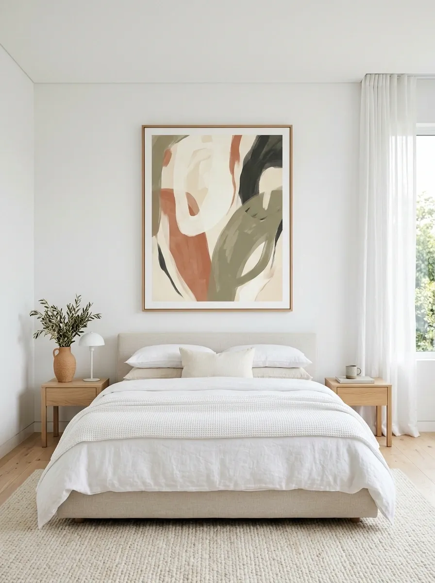 Oversized Abstract Poster in a Minimal White Bedroom