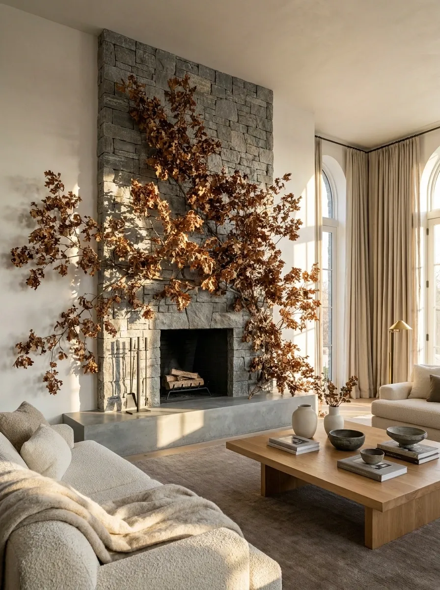 Oversized Asymmetrical Branch Installation over a Stone Fireplace