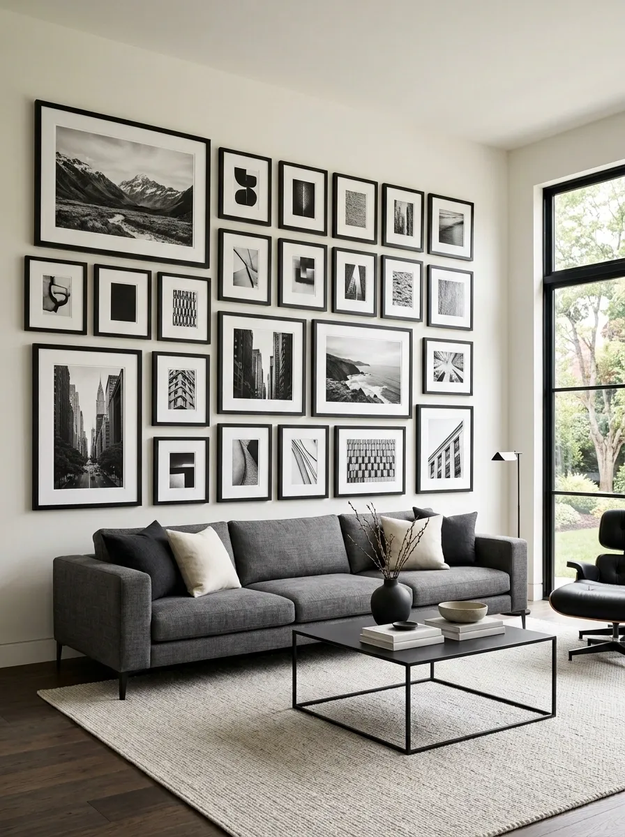 Oversized Black-and-White Gallery Wall in a Modern Living Room