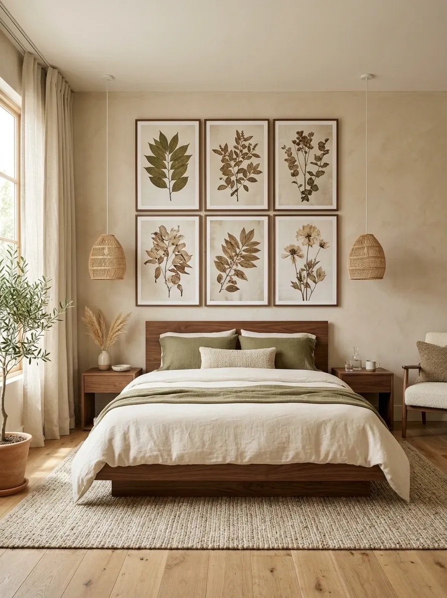 Oversized Botanical Posters Above a Low Walnut Bed