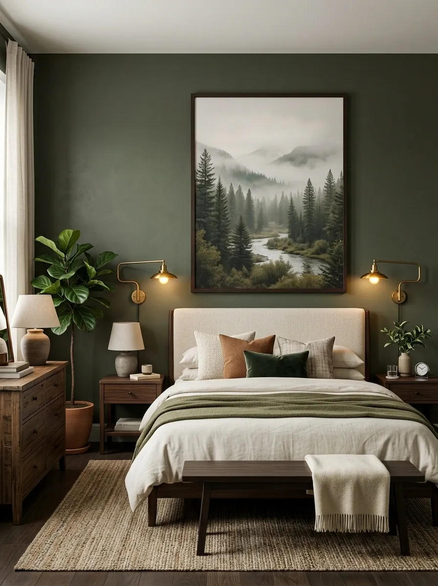 Oversized Nature Poster in a Deep Olive Bedroom