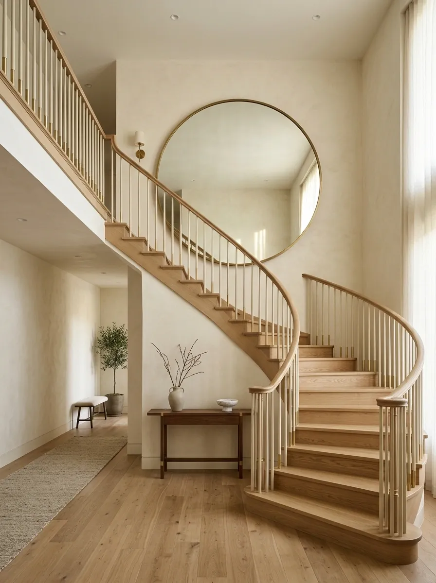 Oversized Round Mirror Above a Curved Staircase